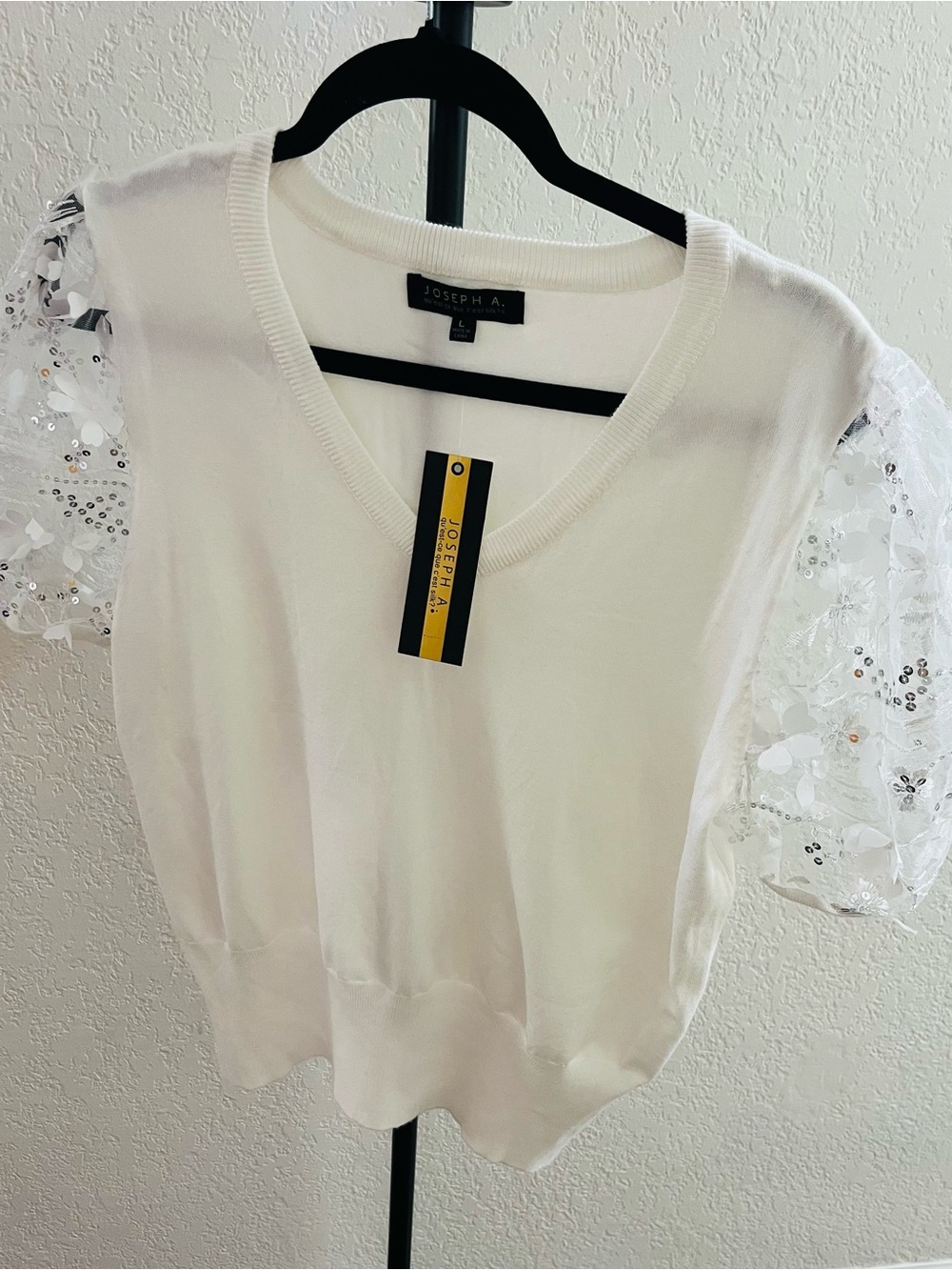 Joseph A-White V-Neck Knit Top with Sheer Floral Sequin Puff Sleeves-NEW